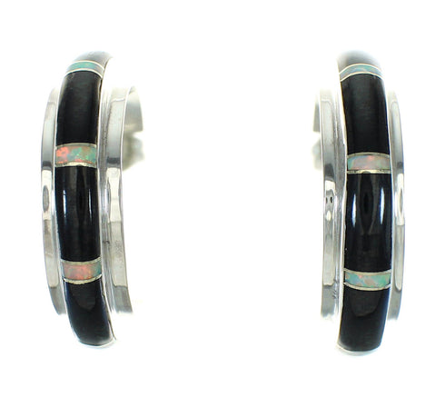 Sterling Silver Jet Opal Inlay Jewelry Post Hoop Earrings RX65721